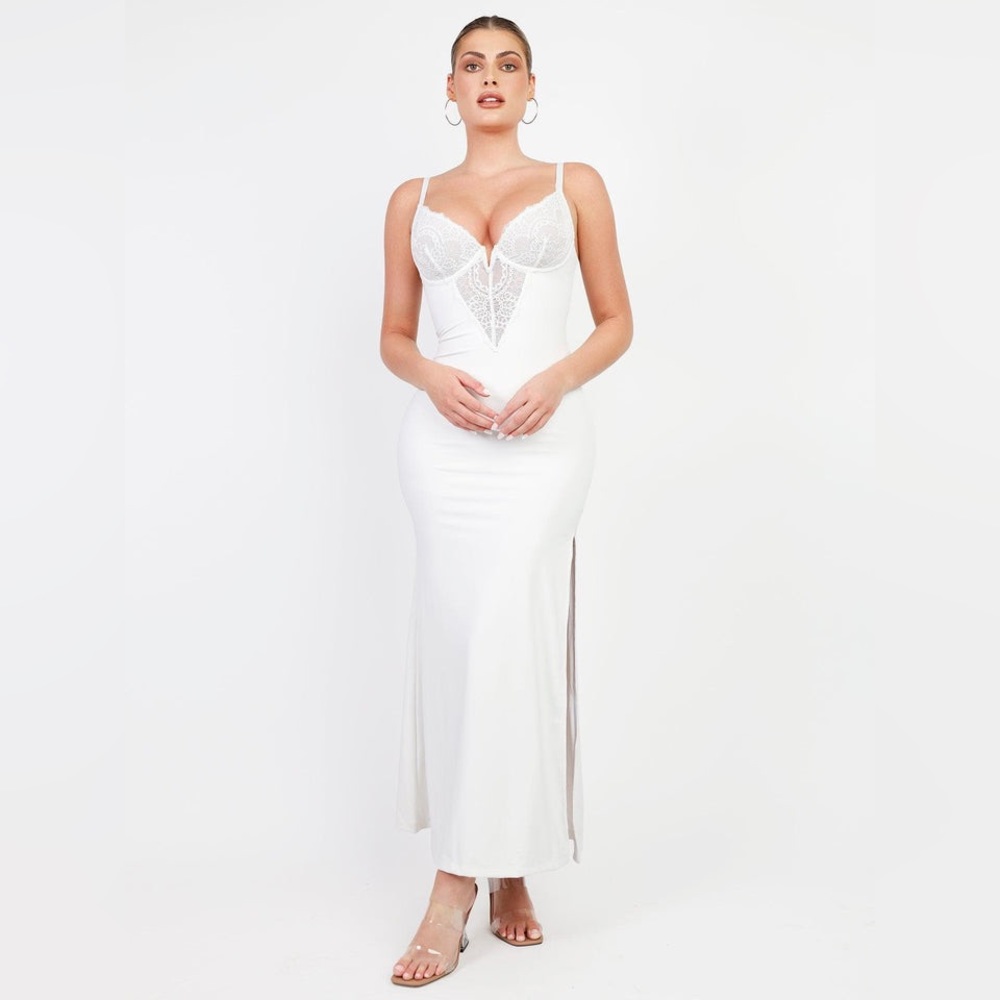 Popilush Built-In Shapewear Lace V Neck Side Slit Slimming Maxi Slip Dress